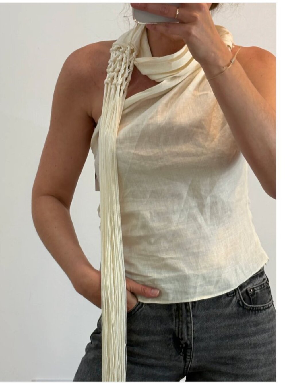 ZARA ZW WOMAN 100% LINEN ASYMMETRIC TOP WITH FRINGE SCARF ECRU XS BLOGGER FAVE